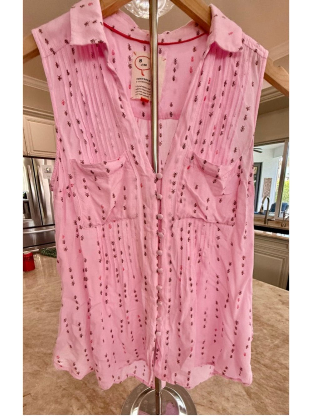 Anthropologie Pink Ant Print Sleeveless Button Down Shirt pin tuck fabric butto